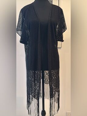 Black Crochet Fringe Kimono | Boho Sheer Duster Cover-Up